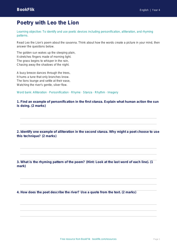 Free Poetry Template | Year 4 Core | BookFlik worksheet preview — English Poetry