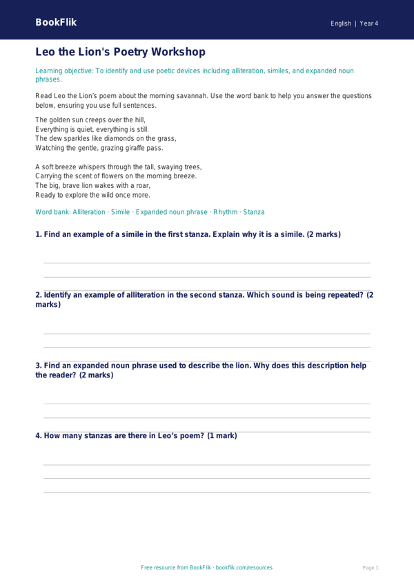 Free Poetry Track Sheet | Year 4 Core | BookFlik worksheet preview — English Poetry