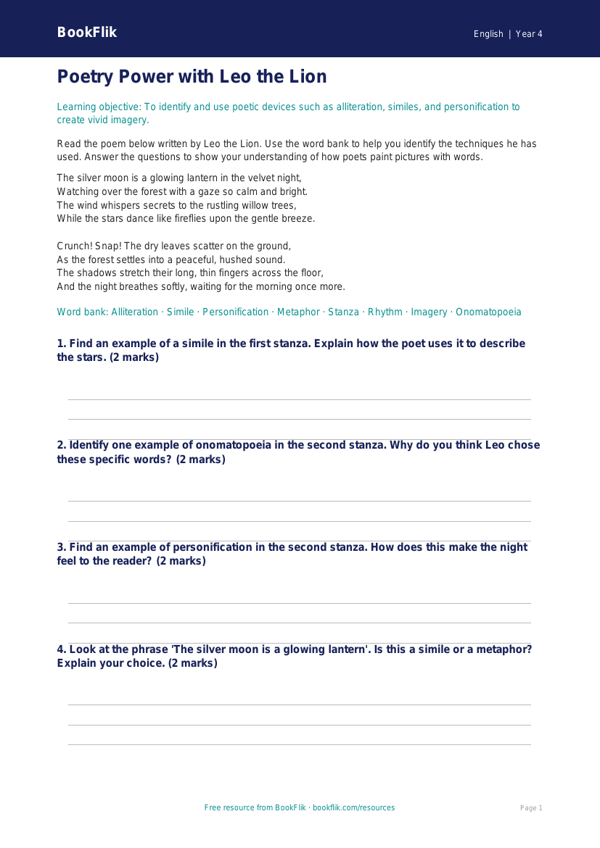 Free Poetry Word Mat | Year 4 Core | BookFlik worksheet preview — English Poetry