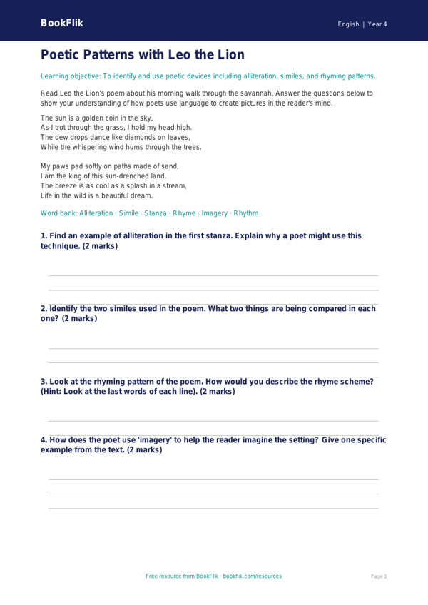 Free Poetry Worksheet | Year 4 Core | BookFlik worksheet preview — English Poetry