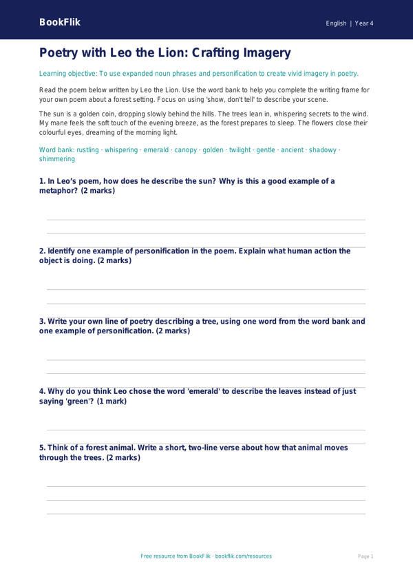 Free Poetry Writing Frame | Year 4 Core | BookFlik worksheet preview — English Poetry