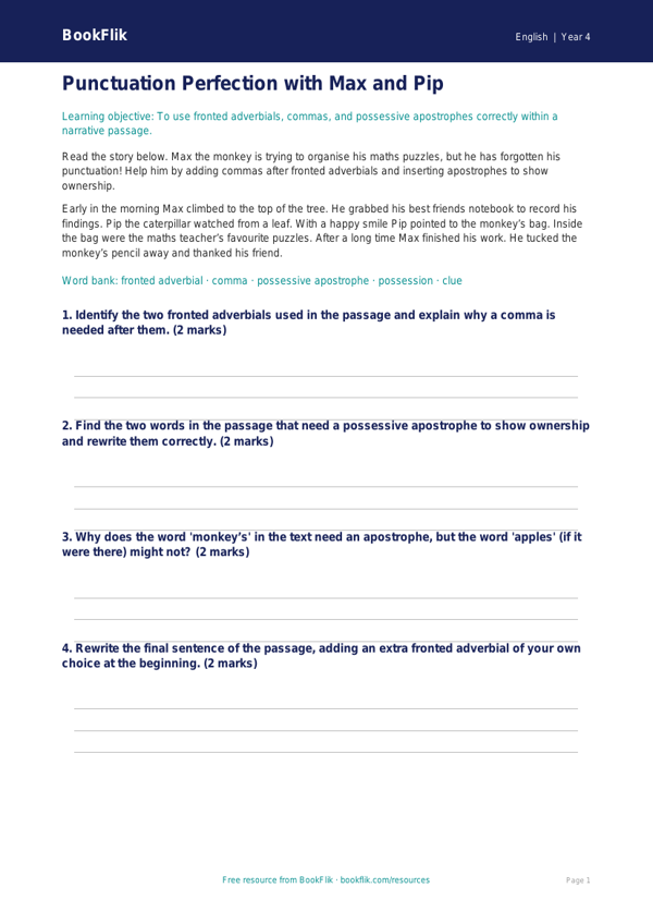 Free Punctuation Activity Sheet | Year 4 Core | BookFlik worksheet preview — English Punctuation