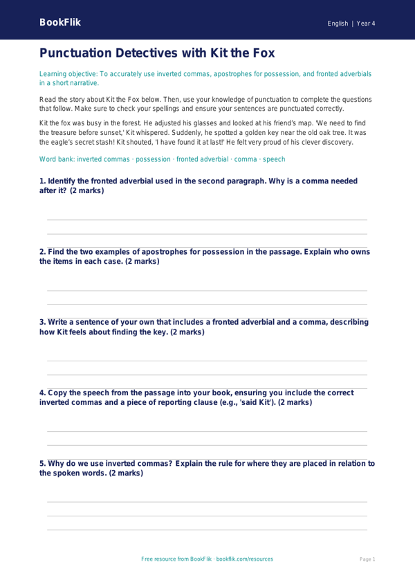 Free Punctuation Assessment | Year 4 Core | BookFlik worksheet preview — English Punctuation