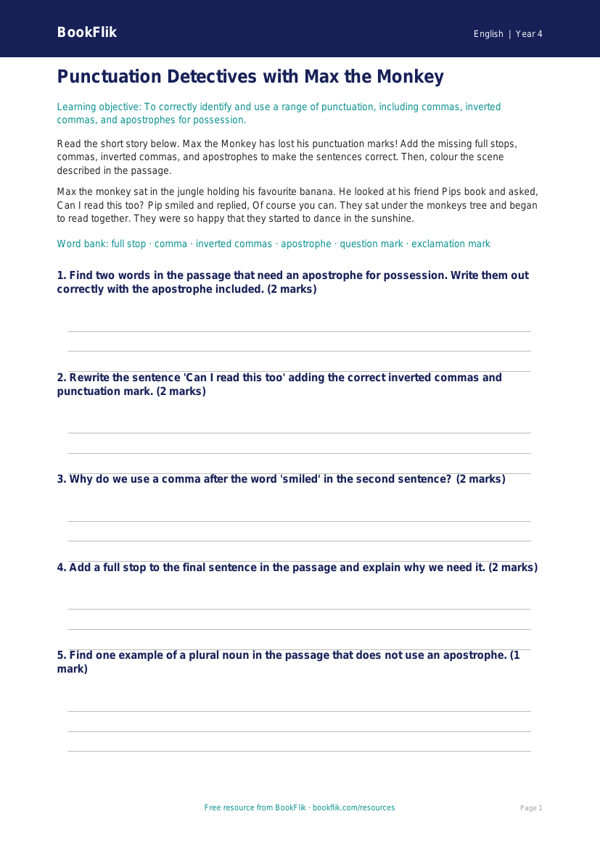 Free Punctuation Colouring Page | Year 4 Core | BookFlik worksheet preview — English Punctuation