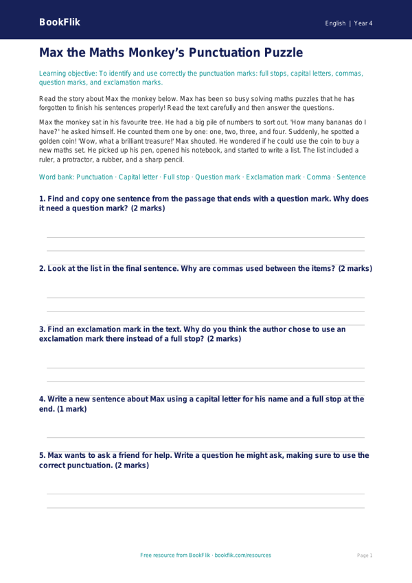 Free Punctuation Comprehension | Year 4 Core | BookFlik worksheet preview — English Punctuation
