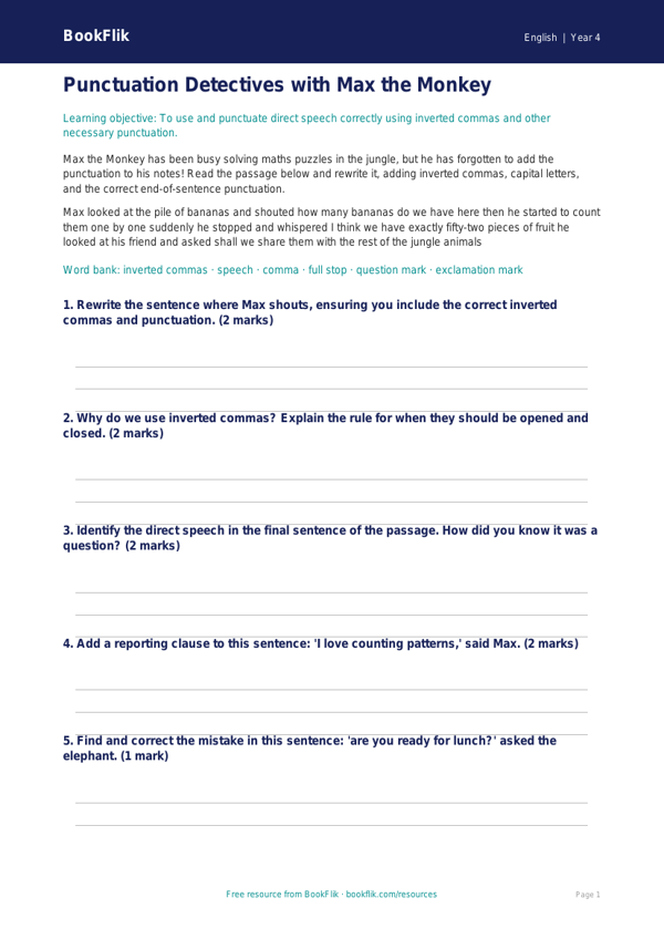 Free Punctuation Drawing Sheet | Year 4 Core | BookFlik worksheet preview — English Punctuation