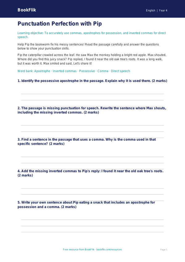 Free Punctuation Flashcards | Year 4 Core | BookFlik worksheet preview — English Punctuation
