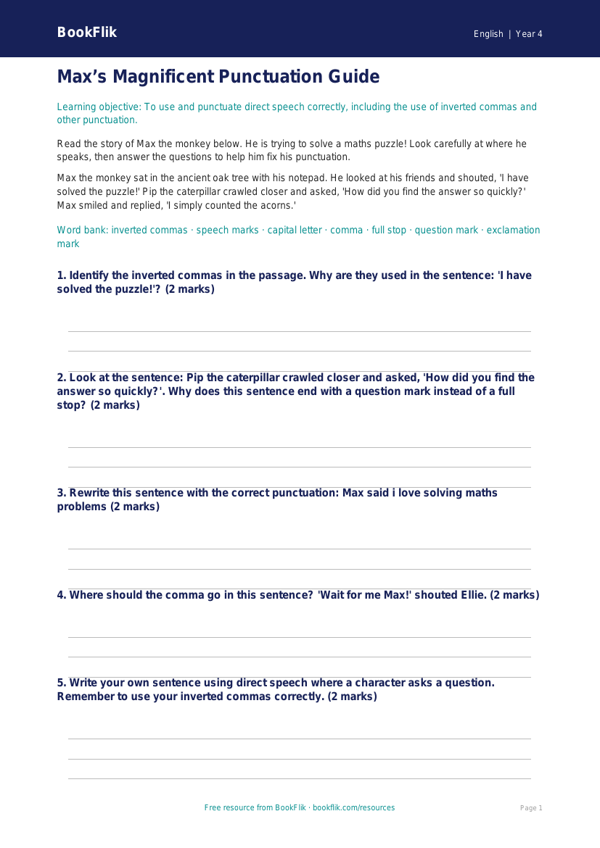 Free Punctuation Poster | Year 4 Core | BookFlik worksheet preview — English Punctuation