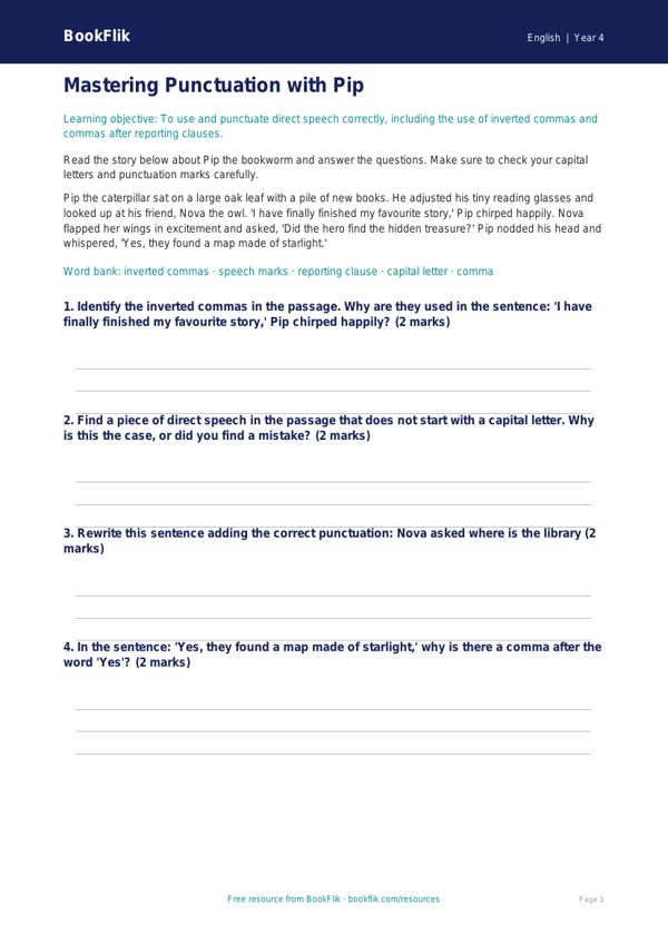 Free Punctuation Quiz | Year 4 Core | BookFlik worksheet preview — English Punctuation
