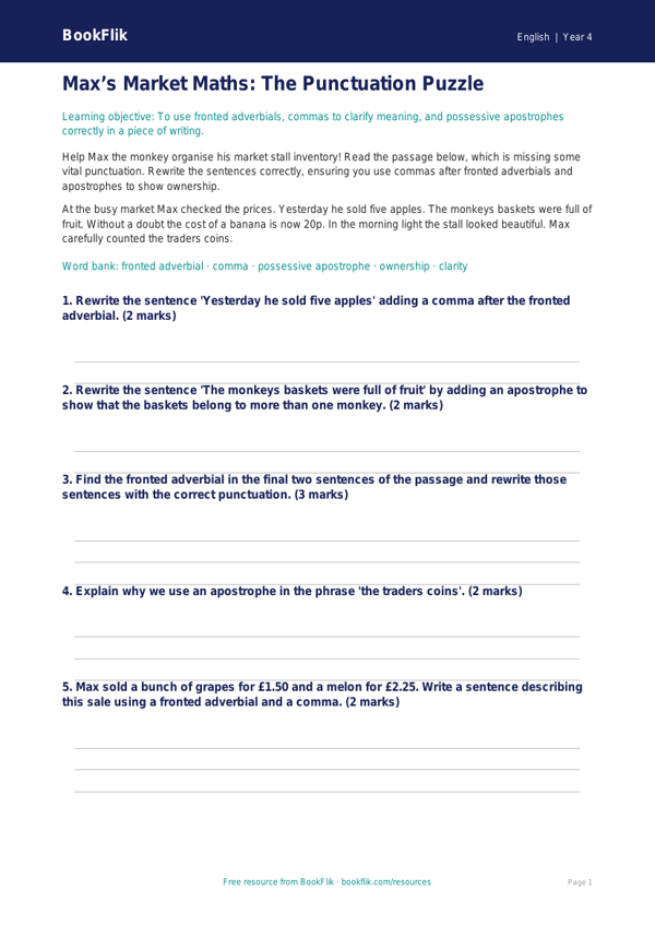 Free Punctuation Template | Year 4 Core | BookFlik worksheet preview — English Punctuation