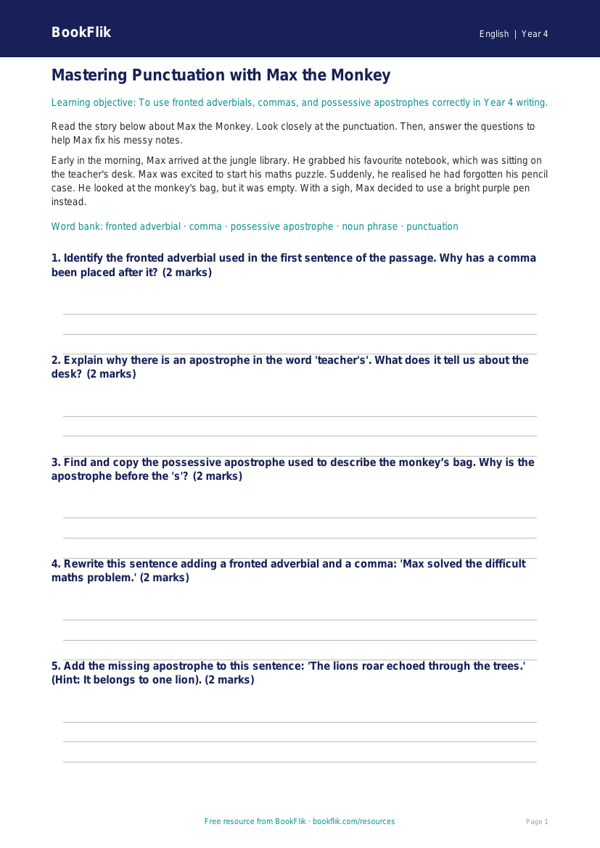 Free Punctuation Track Sheet | Year 4 Core | BookFlik worksheet preview — English Punctuation