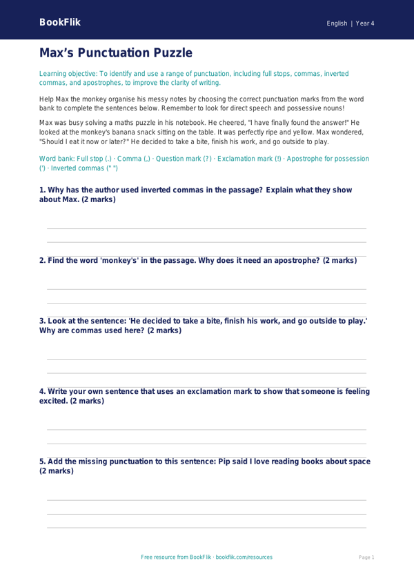 Free Punctuation Word Mat | Year 4 Core | BookFlik worksheet preview — English Punctuation