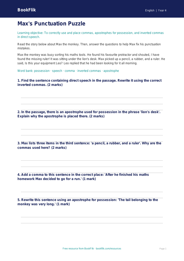 Free Punctuation Worksheet | Year 4 Core | BookFlik worksheet preview — English Punctuation