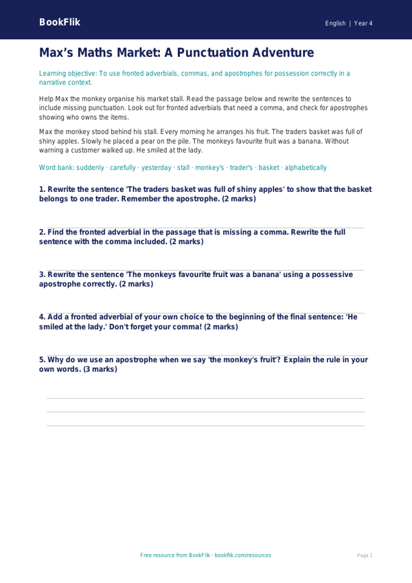 Free Punctuation Writing Frame | Year 4 Core | BookFlik worksheet preview — English Punctuation