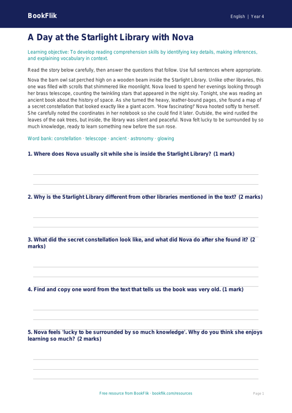 Free Reading Comprehension Activity Sheet | Year 4 Core | BookFlik worksheet preview — English Reading Comprehension