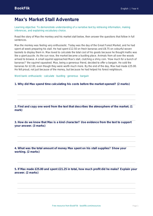 Free Reading Comprehension Assessment | Year 4 Core | BookFlik worksheet preview — English Reading Comprehension
