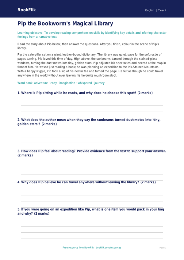 Free Reading Comprehension Colouring Page | Year 4 Core | BookFlik worksheet preview — English Reading Comprehension