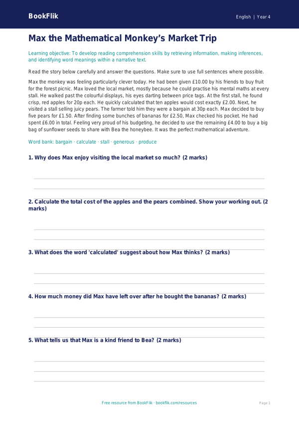 Free Year 4 Reading Comprehension Worksheet | PDF Download | BookFlik worksheet preview — English Reading Comprehension