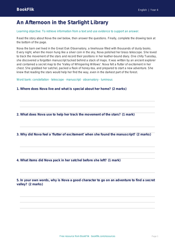 Free Reading Comprehension Drawing Sheet | Year 4 Core | BookFlik worksheet preview — English Reading Comprehension