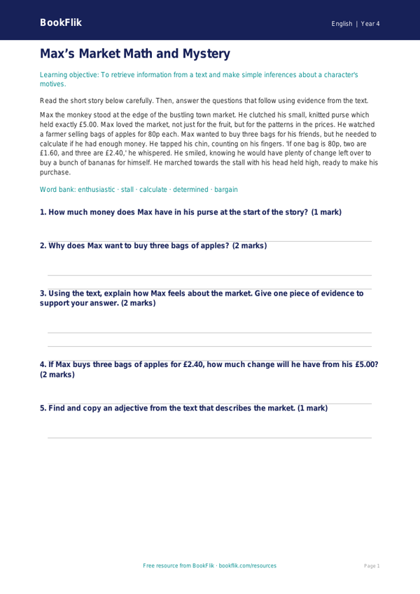 Free Reading Comprehension Flashcards | Year 4 Core | BookFlik worksheet preview — English Reading Comprehension