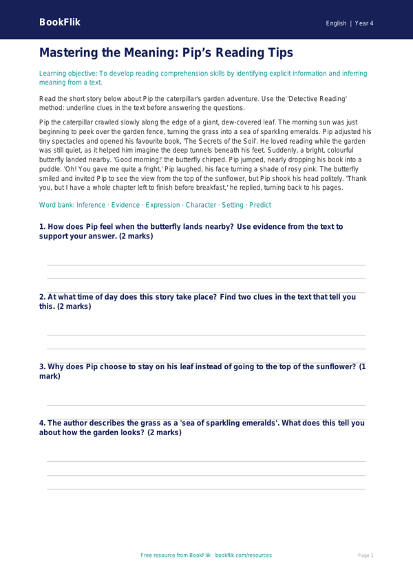 Free Reading Comprehension Poster | Year 4 Core | BookFlik worksheet preview — English Reading Comprehension