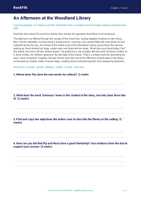 Free Reading Comprehension Quiz | Year 4 Core | BookFlik worksheet preview — English Reading Comprehension