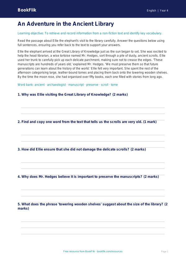 Free Reading Comprehension Template | Year 4 Core | BookFlik worksheet preview — English Reading Comprehension