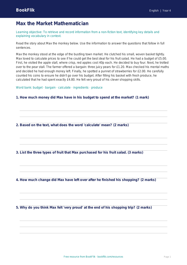 Free Reading Comprehension Track Sheet | Year 4 Core | BookFlik worksheet preview — English Reading Comprehension