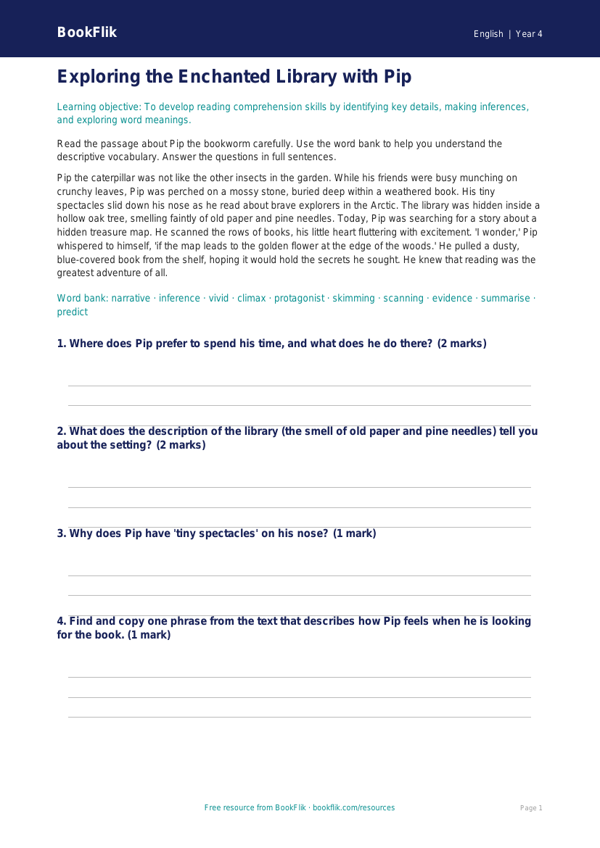 Free Reading Comprehension Word Mat | Year 4 Core | BookFlik worksheet preview — English Reading Comprehension