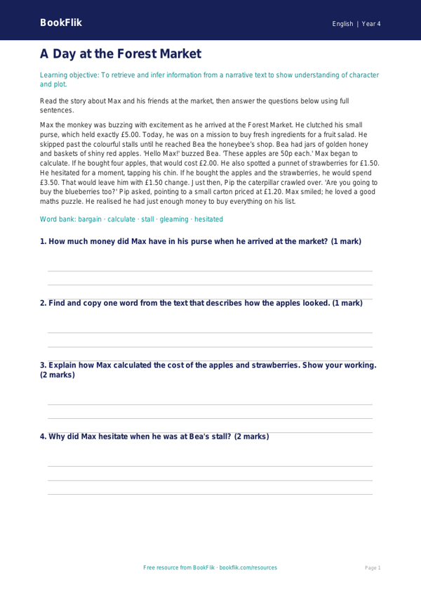 Free Reading Comprehension Worksheet | Year 4 Core | BookFlik worksheet preview — English Reading Comprehension