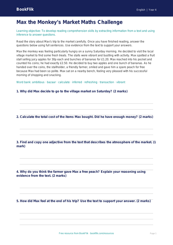 Free Reading Comprehension Writing Frame | Year 4 Core | BookFlik worksheet preview — English Reading Comprehension