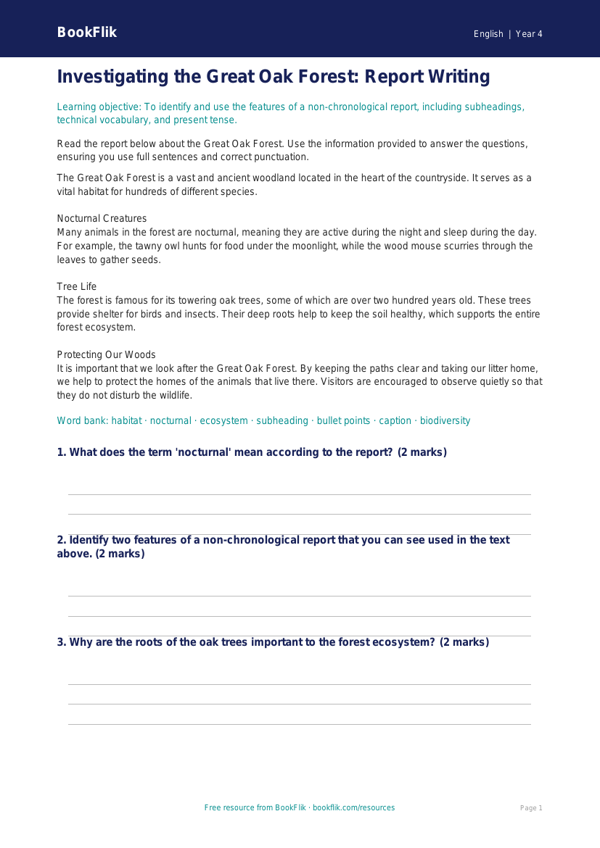 Free Report Writing Assessment | Year 4 Core | BookFlik worksheet preview — English Report Writing