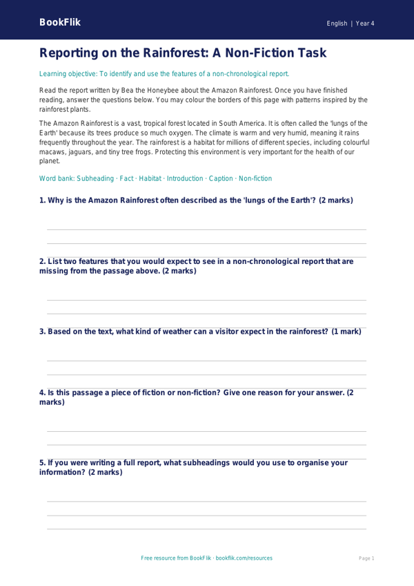 Free Report Writing Colouring Page | Year 4 Core | BookFlik worksheet preview — English Report Writing