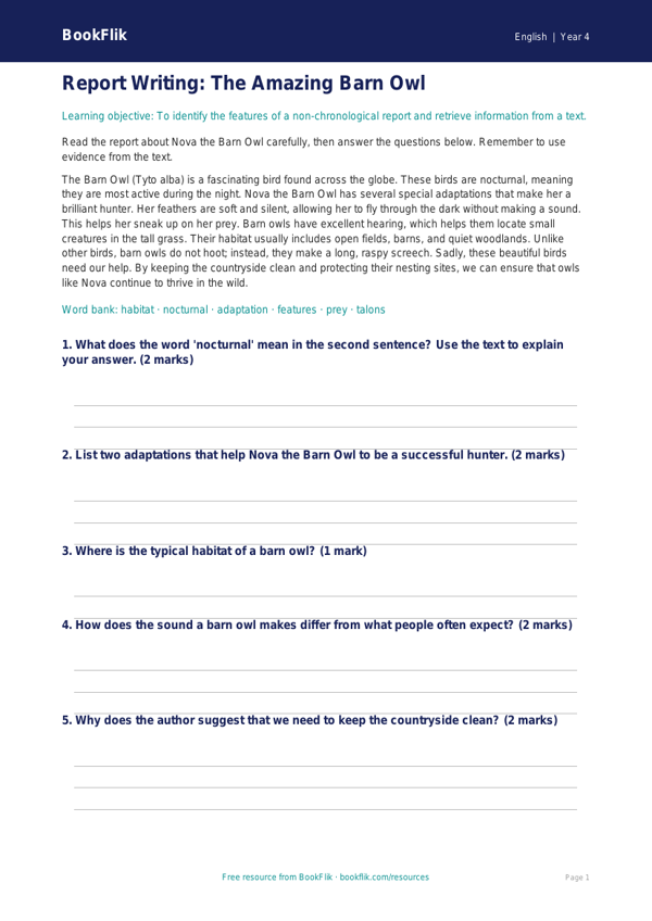 Free Report Writing Comprehension | Year 4 Core | BookFlik worksheet preview — English Report Writing