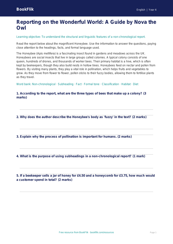 Free Report Writing Poster | Year 4 Core | BookFlik worksheet preview — English Report Writing