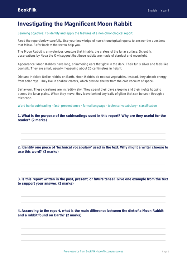 Free Report Writing Quiz | Year 4 Core | BookFlik worksheet preview — English Report Writing