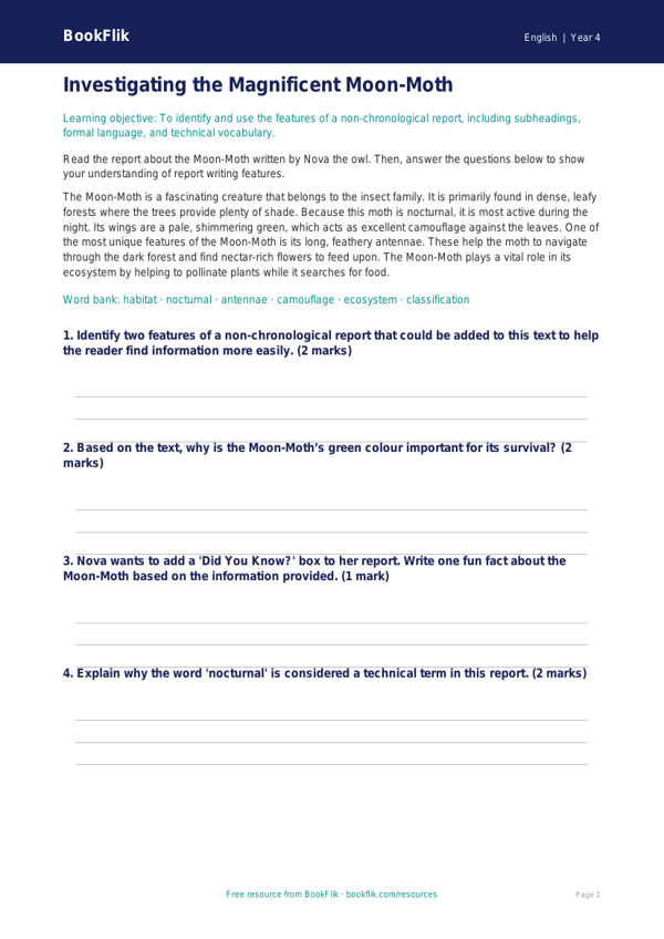 Free Report Writing Template | Year 4 Core | BookFlik worksheet preview — English Report Writing