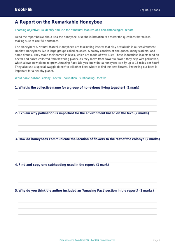 Free Report Writing Track Sheet | Year 4 Core | BookFlik worksheet preview — English Report Writing