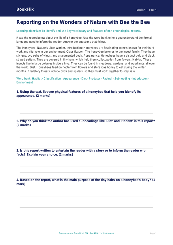 Free Report Writing Word Mat | Year 4 Core | BookFlik worksheet preview — English Report Writing