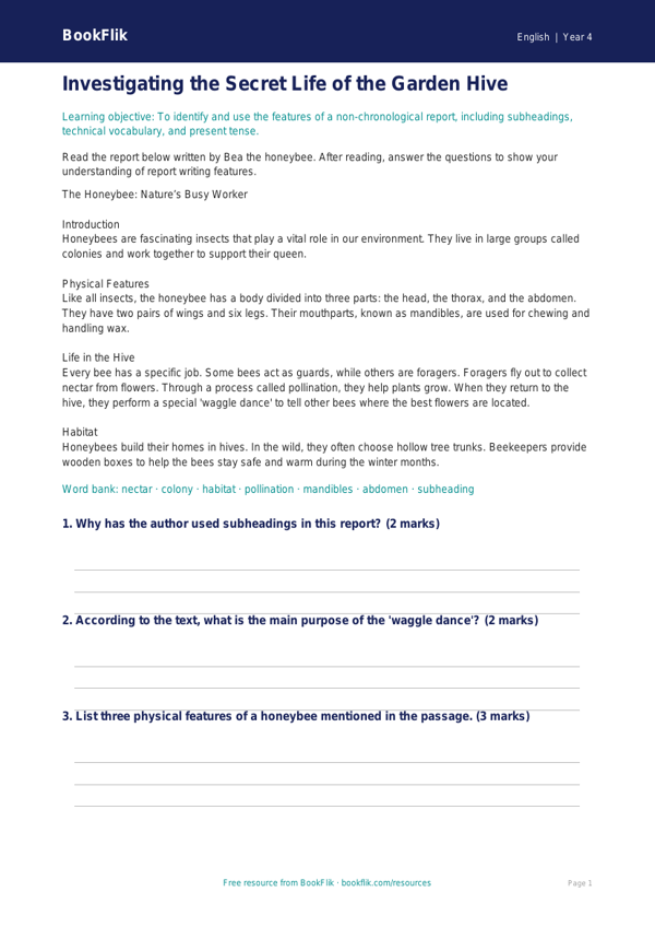 Free Report Writing Worksheet | Year 4 Core | BookFlik worksheet preview — English Report Writing