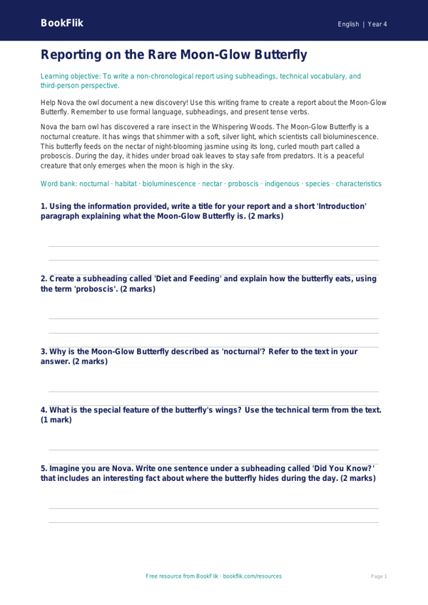 Free Report Writing Writing Frame | Year 4 Core | BookFlik worksheet preview — English Report Writing