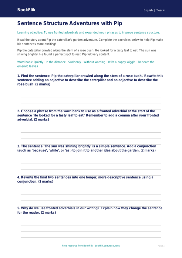 Free Sentence Structure Activity Sheet | Year 4 Core | BookFlik worksheet preview — English Sentence Structure