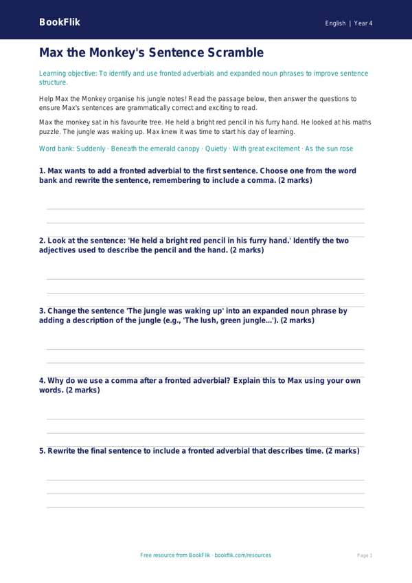 Free Sentence Structure Colouring Page | Year 4 Core | BookFlik worksheet preview — English Sentence Structure