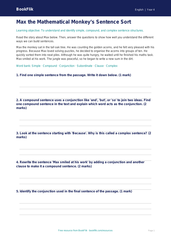 Free Sentence Structure Comprehension | Year 4 Core | BookFlik worksheet preview — English Sentence Structure