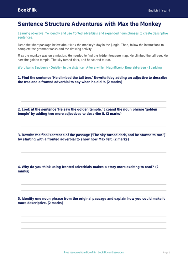 Free Sentence Structure Drawing Sheet | Year 4 Core | BookFlik worksheet preview — English Sentence Structure