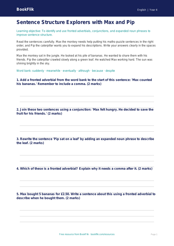Free Sentence Structure Flashcards | Year 4 Core | BookFlik worksheet preview — English Sentence Structure