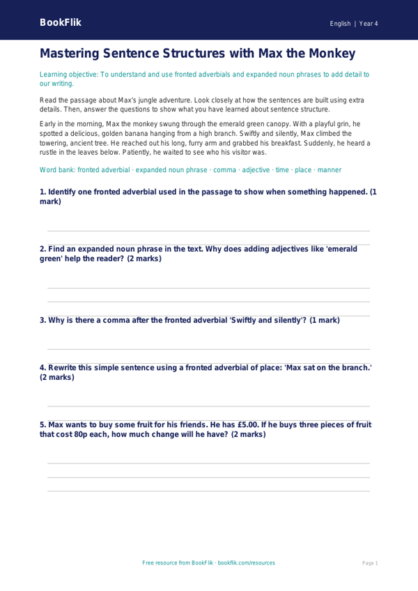 Free Sentence Structure Poster | Year 4 Core | BookFlik worksheet preview — English Sentence Structure