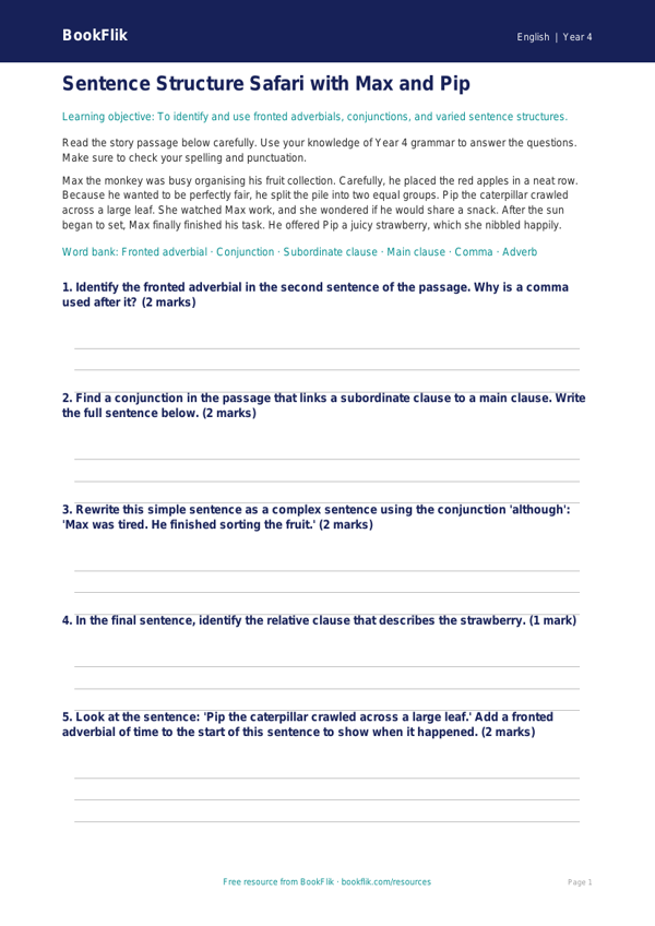 Free Sentence Structure Quiz | Year 4 Core | BookFlik worksheet preview — English Sentence Structure