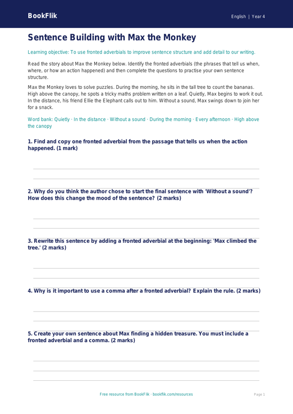 Free Sentence Structure Template | Year 4 Core | BookFlik worksheet preview — English Sentence Structure