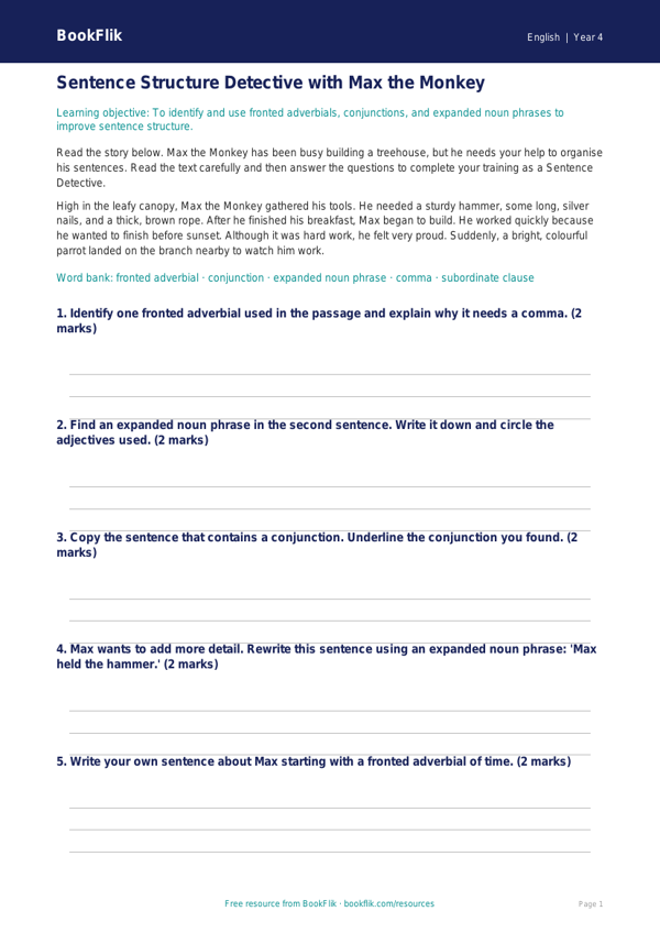 Free Sentence Structure Track Sheet | Year 4 Core | BookFlik worksheet preview — English Sentence Structure